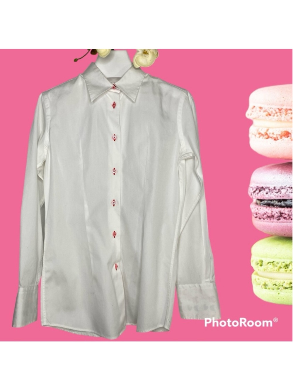 Coton Doux Shirt Paris White Button Down Cupcake Trim French Girl Cute Luxe